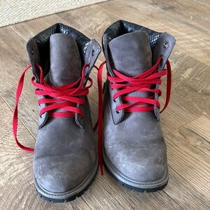 Timberland Gray Boots with Red Laces